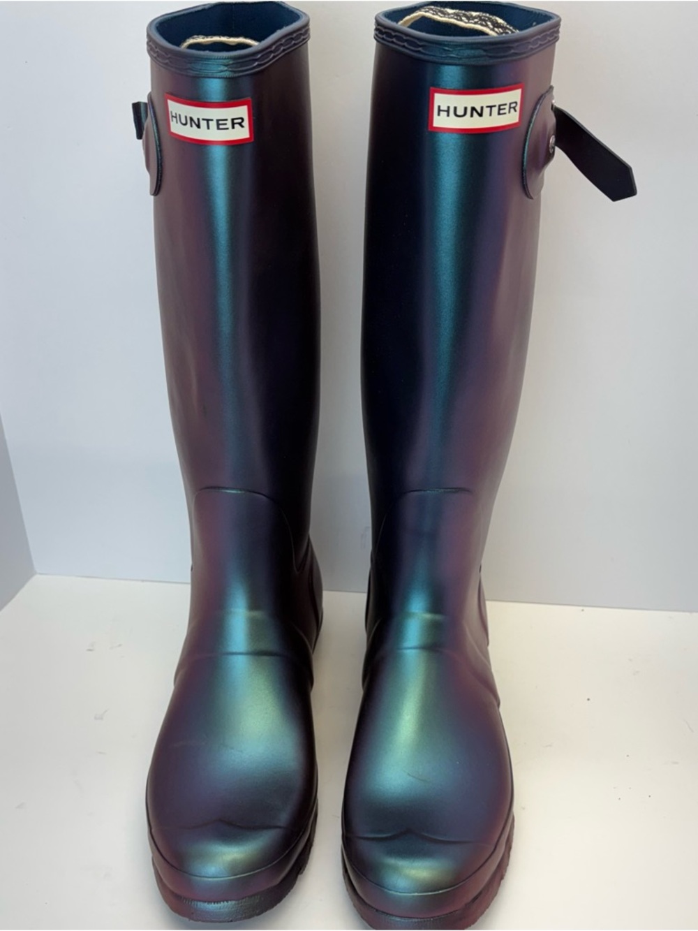Hunter Nebula Rain Boots Size 10 Features Two Tone Blue Iridescent Finish Spring - Picture 3 of 9